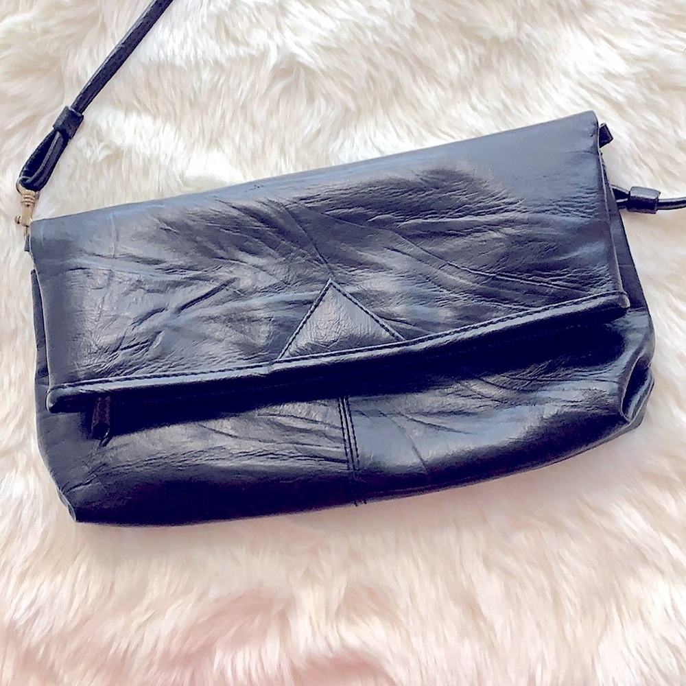 90’s Chi_Style Black Fold-Over Snap with Zipper Center Shoulder Bag By Loft